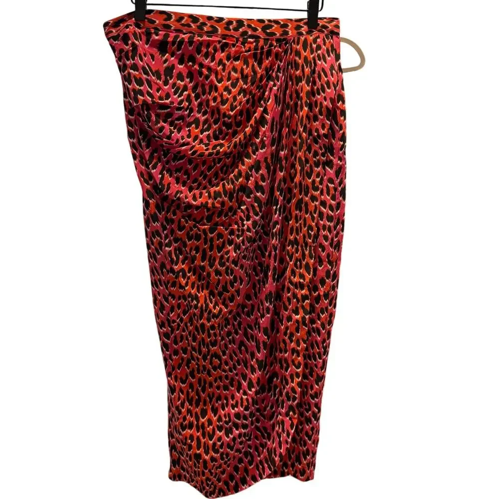 Zadig & Voltaire Silk Skirt Size 10 42 Pink Leopard Print Chic Wrap Large NWT
